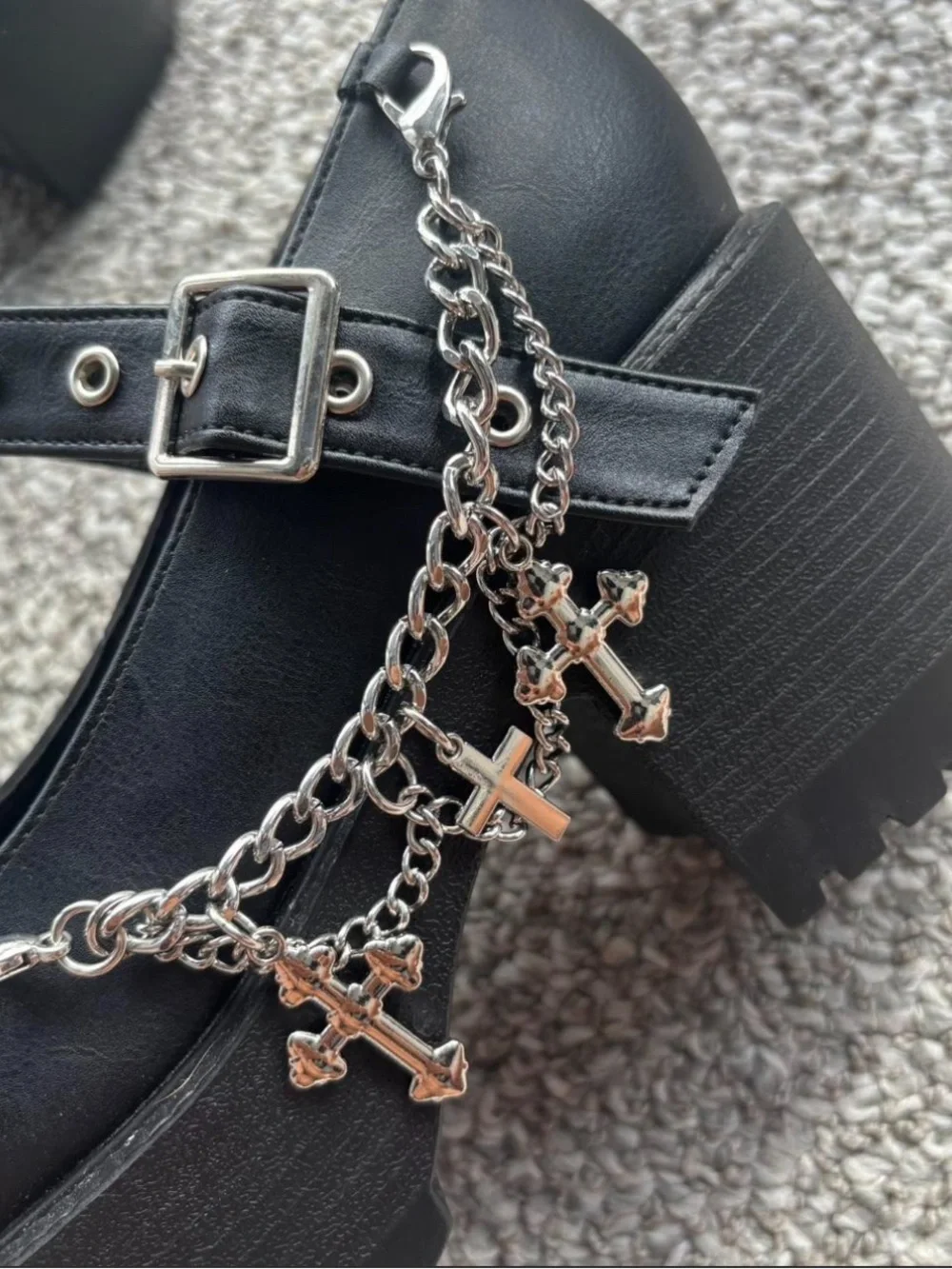 Black Platform Mary Jane Shoes with Cross Chain Accent